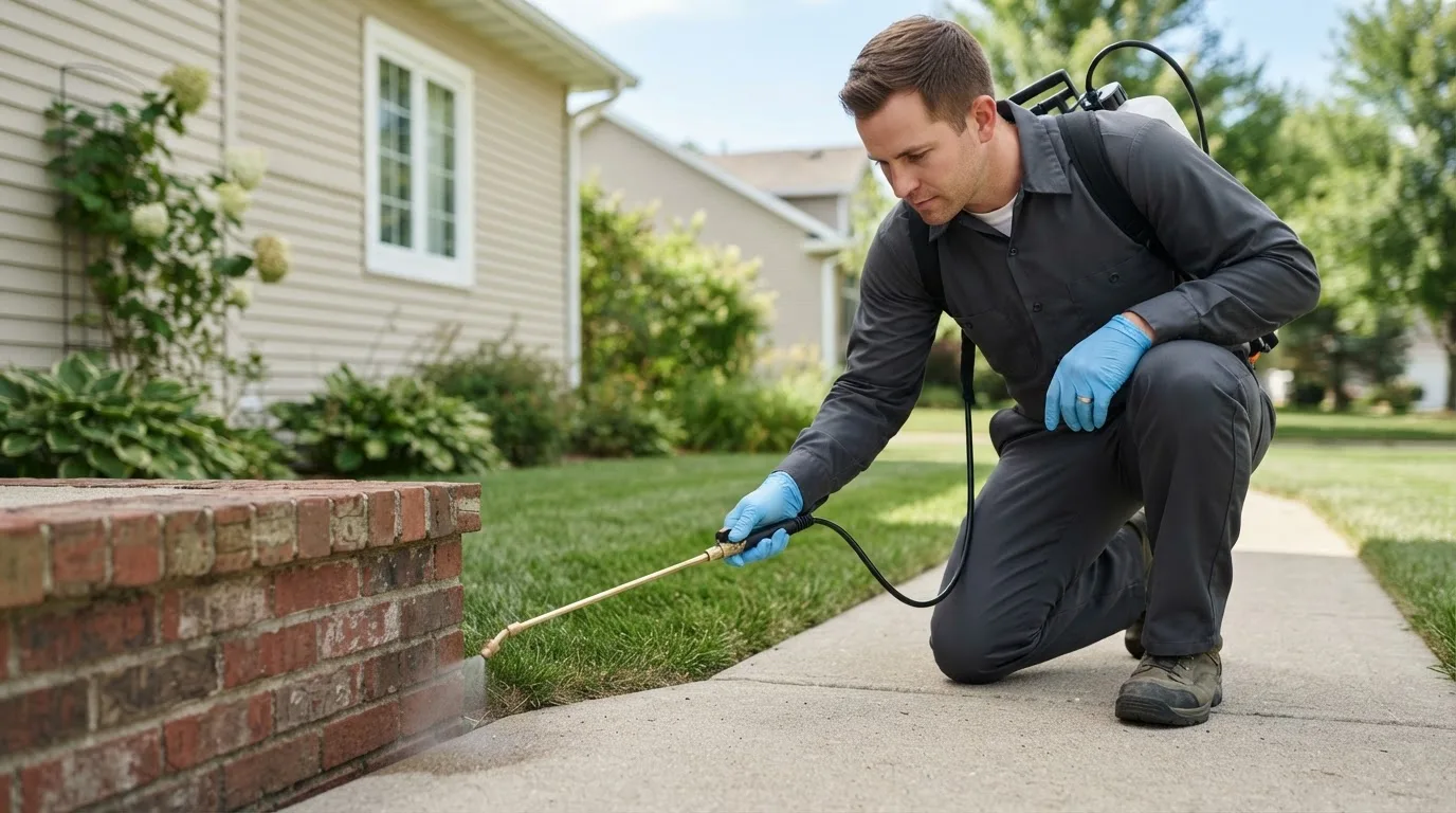 Pest control technician treating a home near Lost Nation, IA
