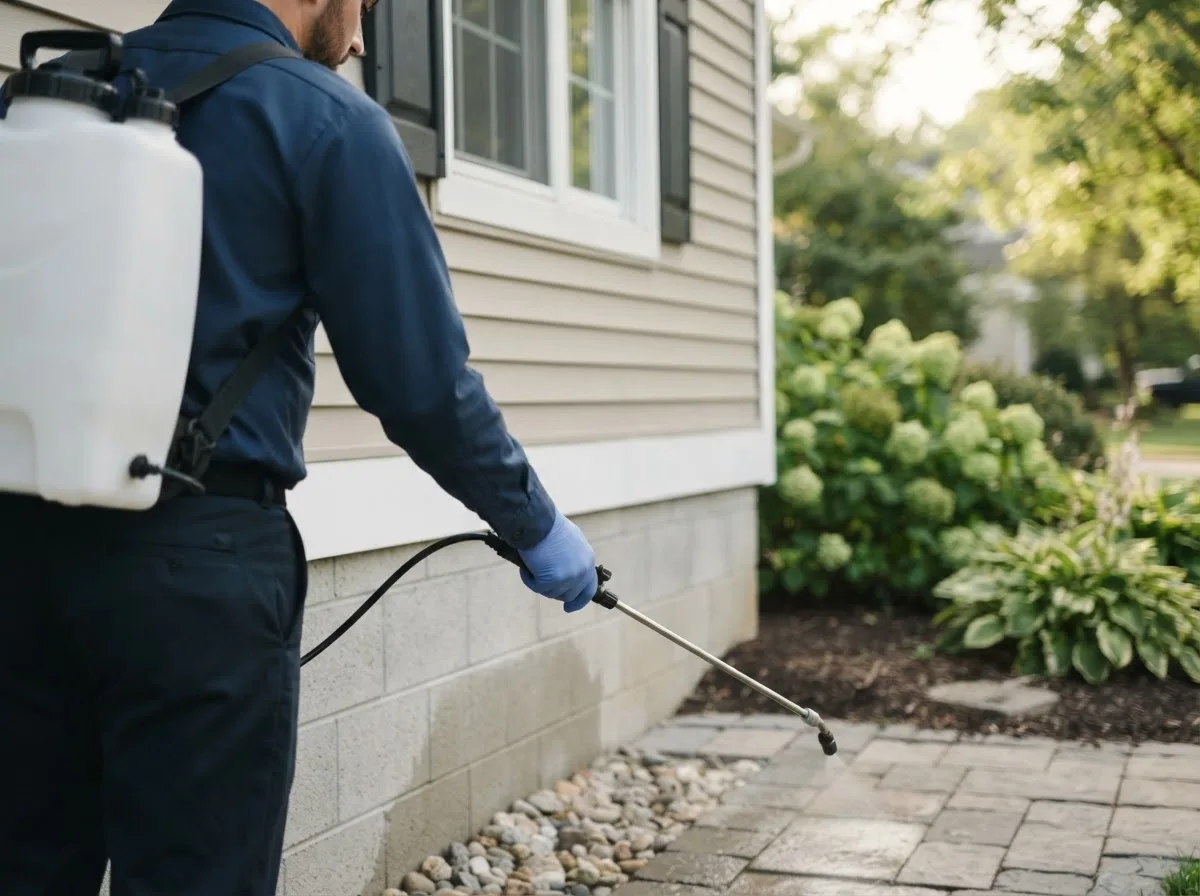 Pest control technician inspecting a home in Lost Nation, IA